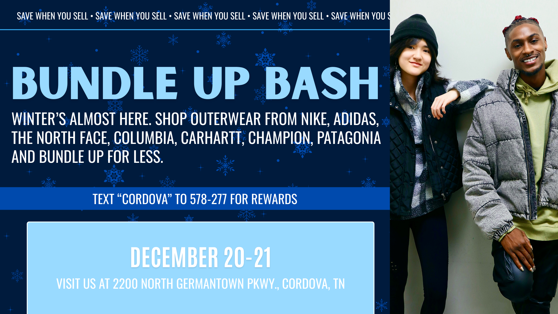 Plato’s Closet Cordova, TN Bundle Up Bash December 20–21 with gently used jackets, coats, hoodies, and outerwear from Nike, Adidas, The North Face, Columbia, Carhartt, Champion, and Patagonia for teens and young adults.